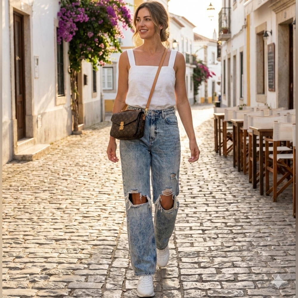 Free People We The Free Oversized Wide Leg Distressed Mom Denim Jeans 31 NWOT
